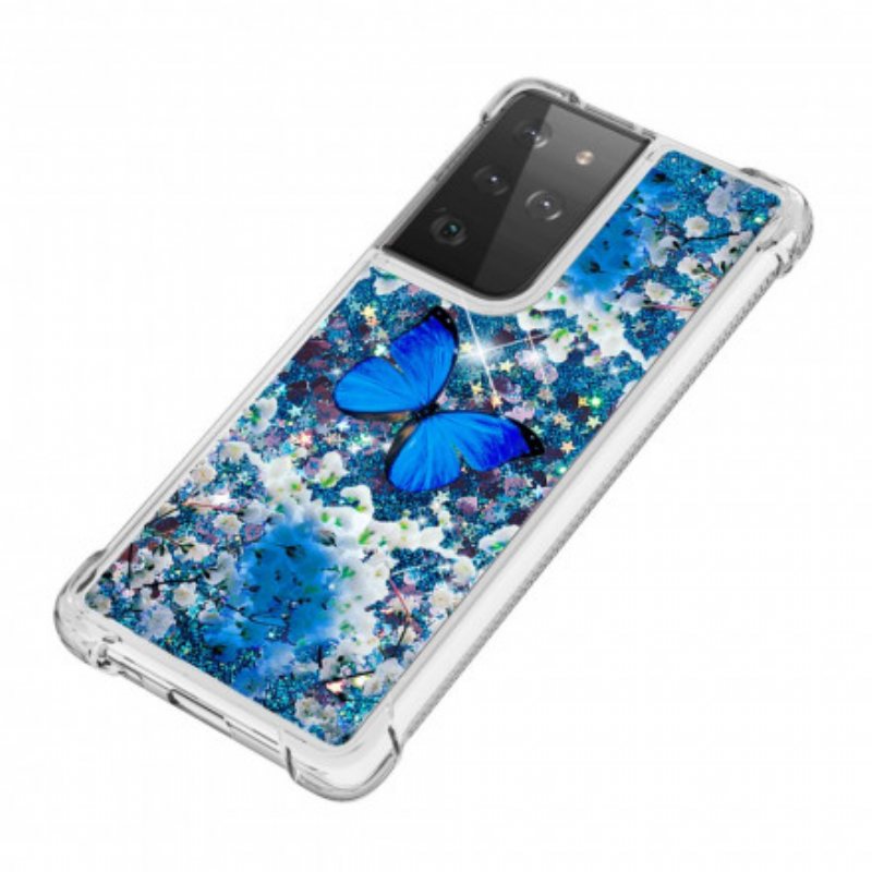 Deksel Til Samsung Galaxy S21 Ultra 5G Glitter Blå Sommerfugler