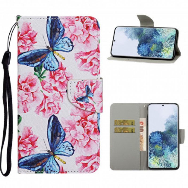 Folio Deksel Til Samsung Galaxy S21 Ultra 5G Butterflies Floral Lanyard