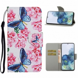 Folio Deksel Til Samsung Galaxy S21 Ultra 5G Butterflies Floral Lanyard