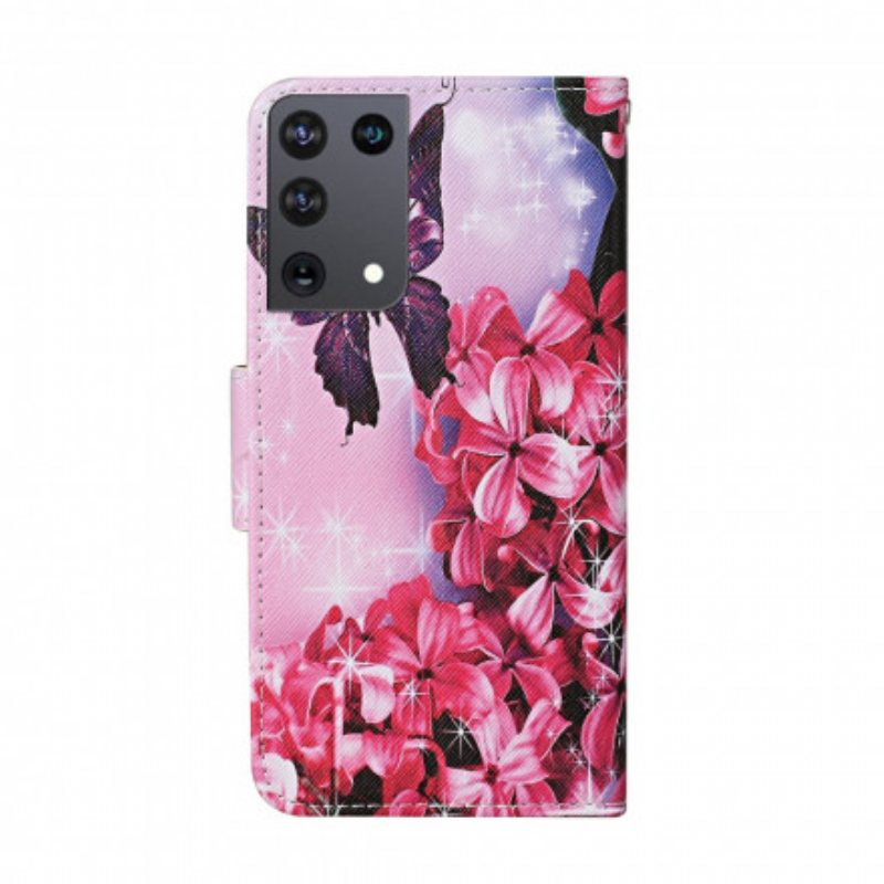 Folio Deksel Til Samsung Galaxy S21 Ultra 5G Butterflies Floral Lanyard