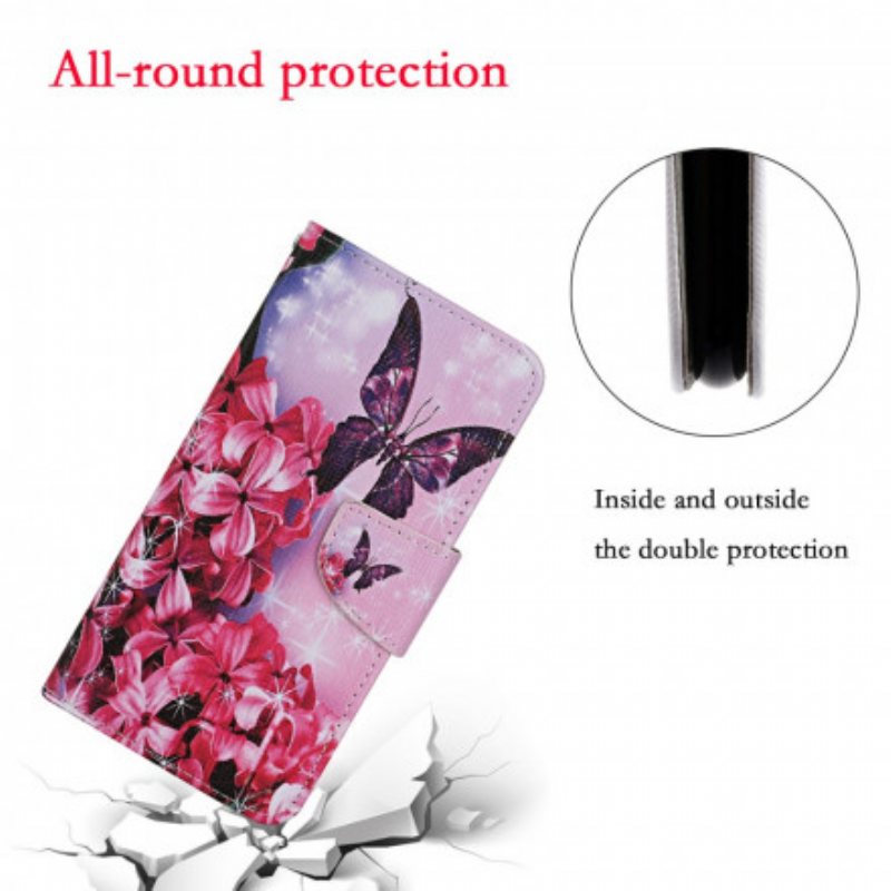 Folio Deksel Til Samsung Galaxy S21 Ultra 5G Butterflies Floral Lanyard