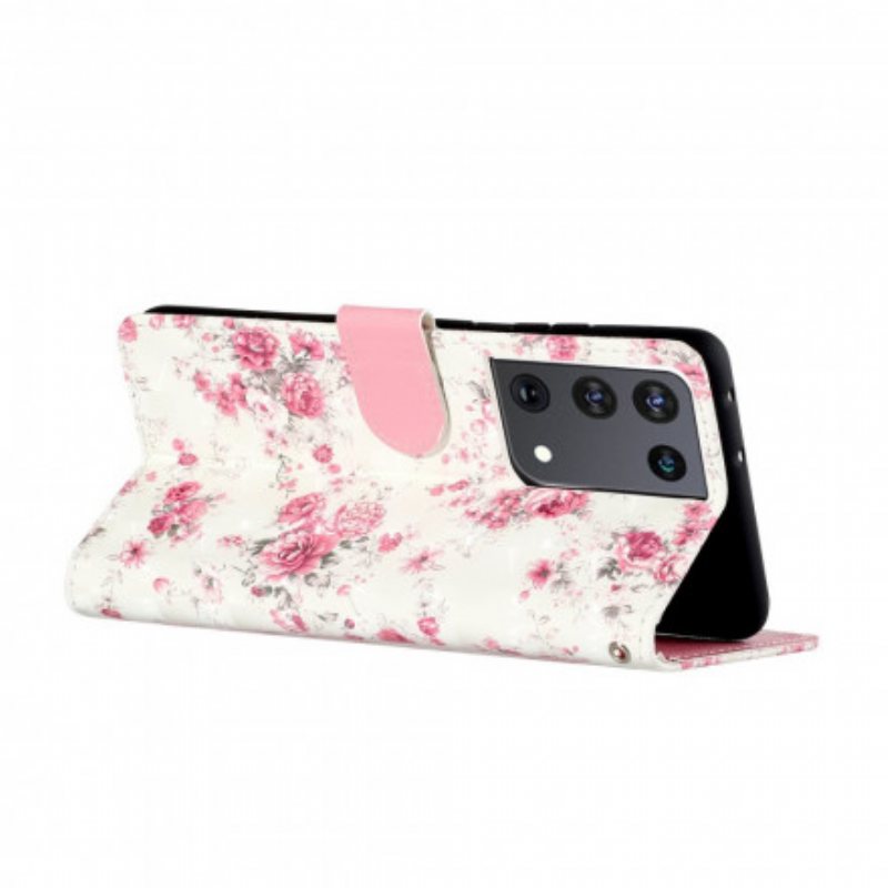 Folio Deksel Til Samsung Galaxy S21 Ultra 5G Med Kjede Strap Light Spot Flowers