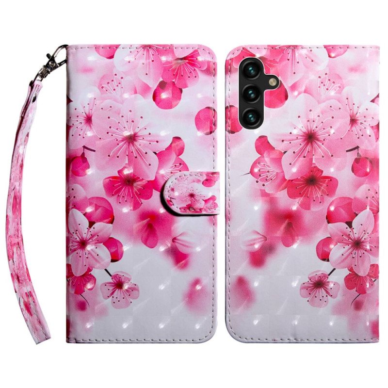 Lærdeksel Til Samsung Galaxy A14 / A14 5G Med Kjede Strappy Rosa Blomster