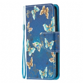 Lærdeksel Til iPhone 12 Mini Med Kjede Blå Sommerfugler Og Blomster Med Stropp