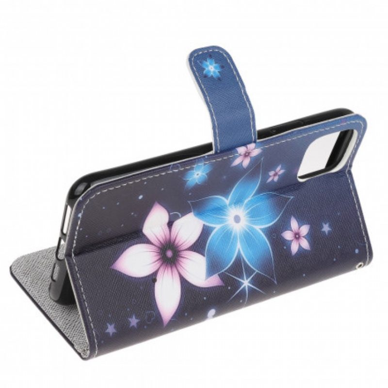 Folio Deksel Til Samsung Galaxy A22 5G Med Kjede Lunar Strap Blomster