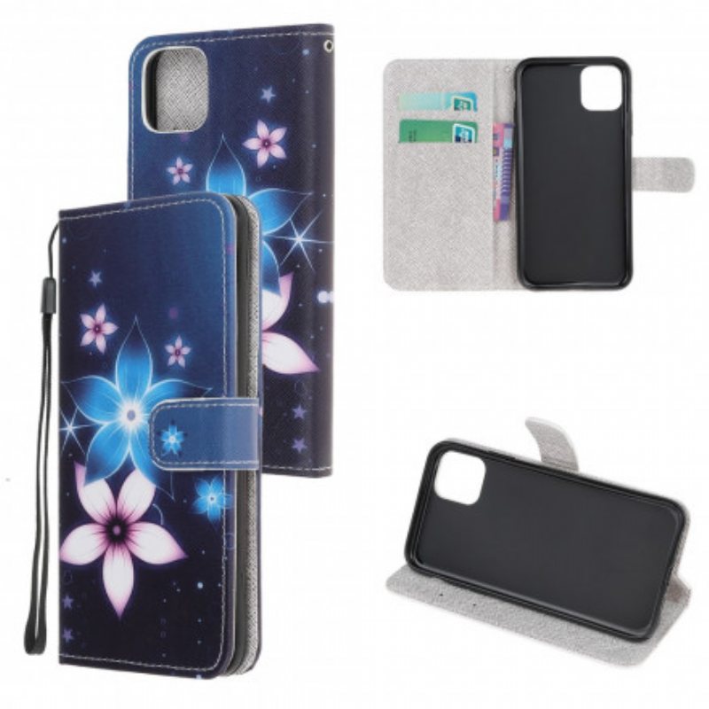 Folio Deksel Til Samsung Galaxy A22 5G Med Kjede Lunar Strap Blomster