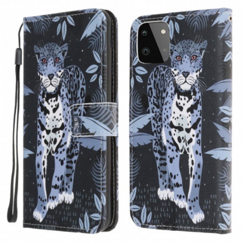 Folio Deksel Til Samsung Galaxy A22 5G Med Kjede Strappy Leopard