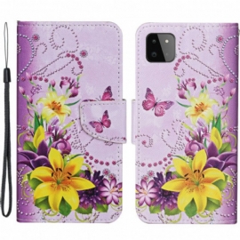 Folio Deksel Til Samsung Galaxy A22 5G Mesterlige Blomster Med Stropp