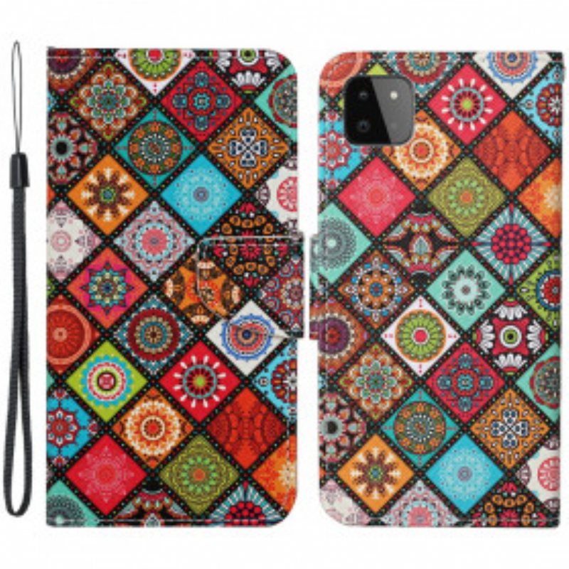 Folio Deksel Til Samsung Galaxy A22 5G Patchwork Mandalaer Med Snor