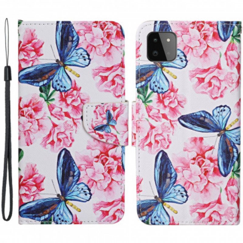 Lærdeksel Til Samsung Galaxy A22 5G Butterflies Floral Lanyard