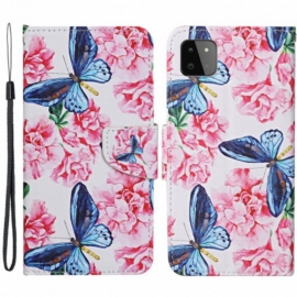 Lærdeksel Til Samsung Galaxy A22 5G Butterflies Floral Lanyard