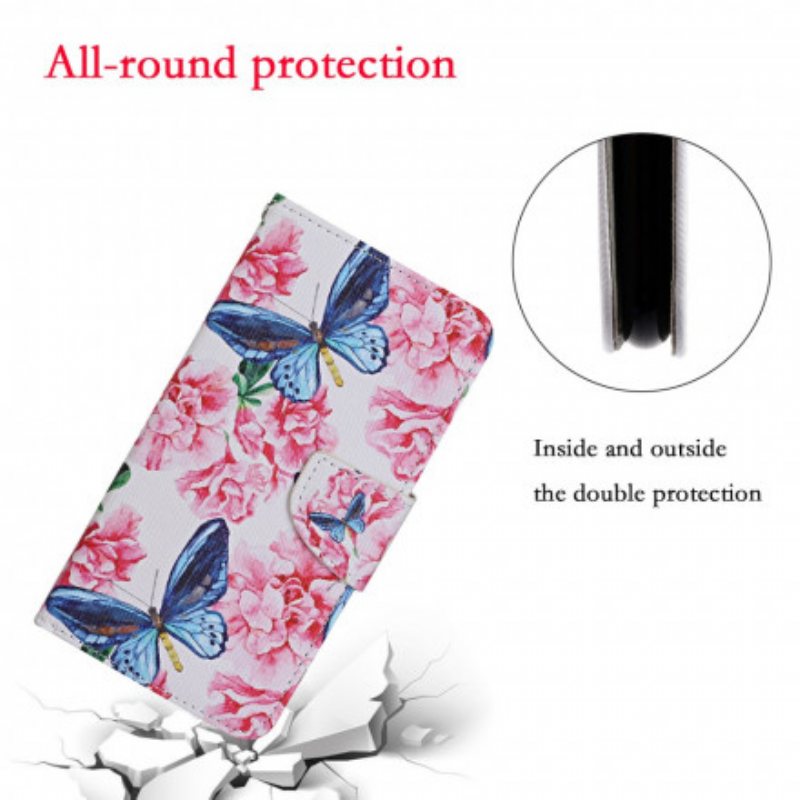 Lærdeksel Til Samsung Galaxy A22 5G Butterflies Floral Lanyard