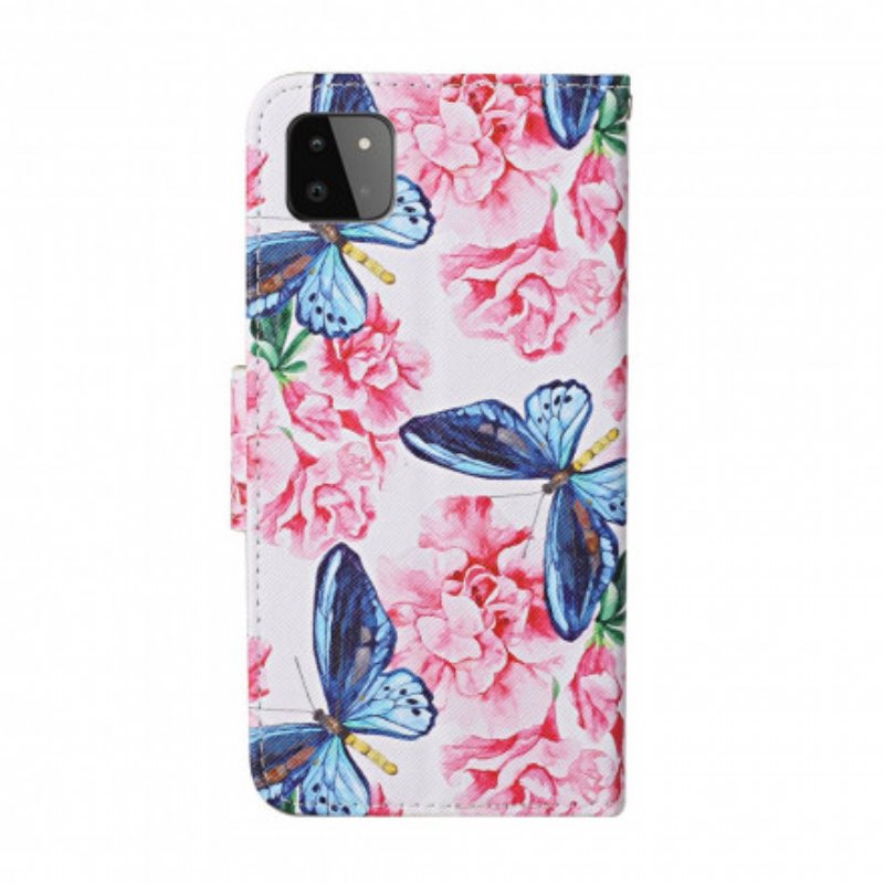 Lærdeksel Til Samsung Galaxy A22 5G Butterflies Floral Lanyard