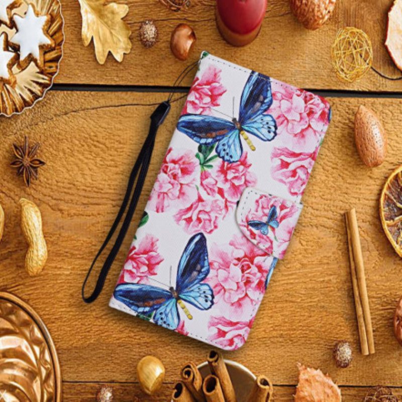 Lærdeksel Til Samsung Galaxy A22 5G Butterflies Floral Lanyard