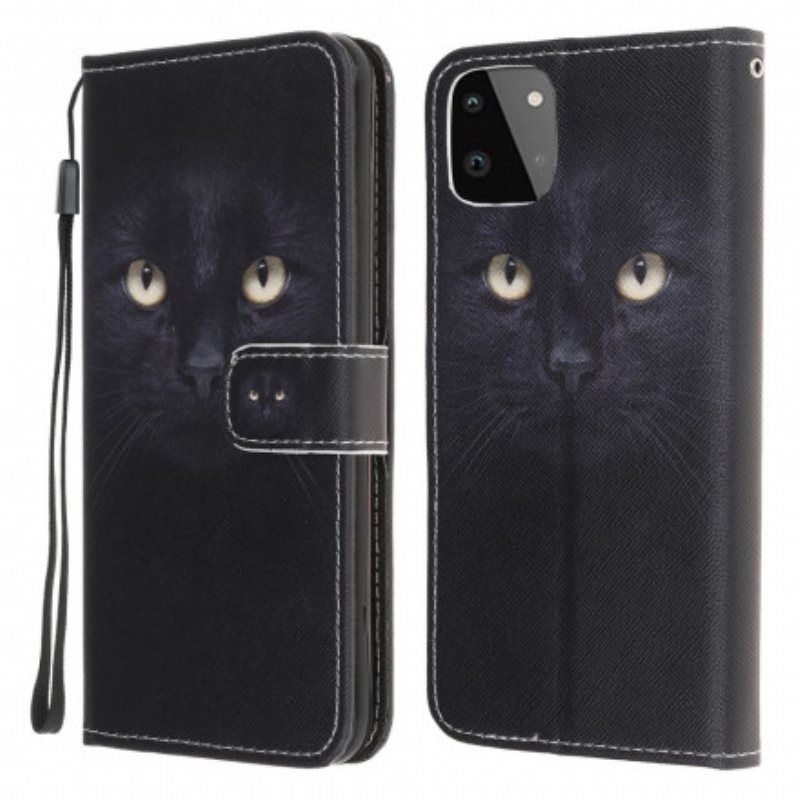 Lærdeksel Til Samsung Galaxy A22 5G Med Kjede Strappy Black Cat Eyes