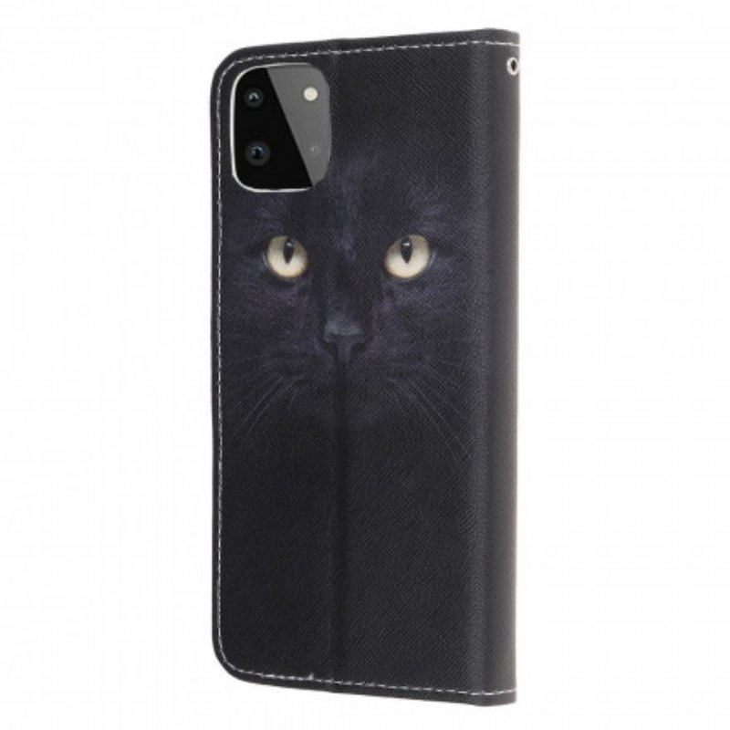 Lærdeksel Til Samsung Galaxy A22 5G Med Kjede Strappy Black Cat Eyes