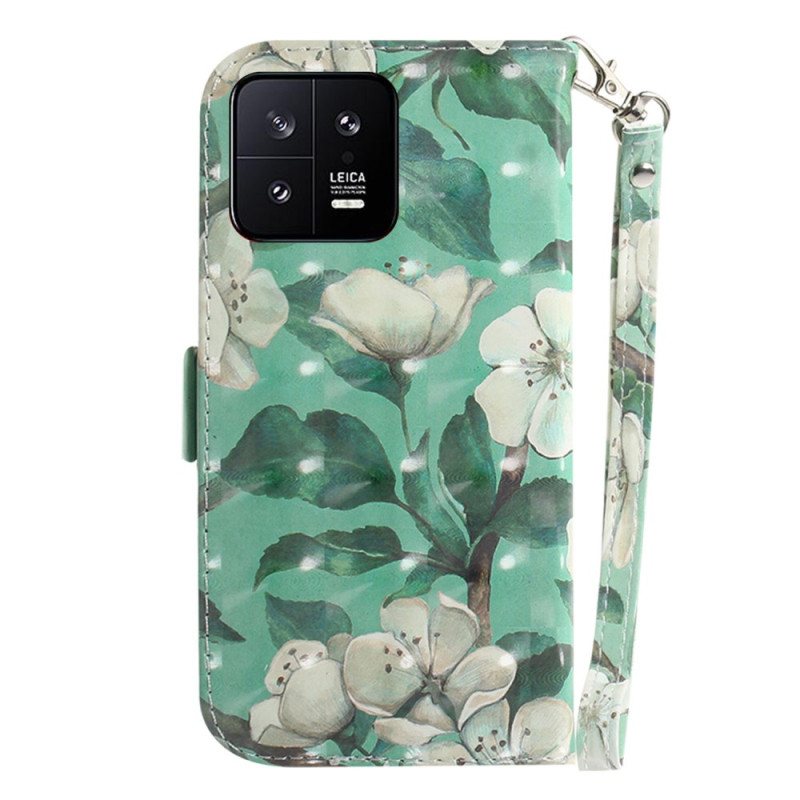 Folio Deksel Til Xiaomi 13 Med Kjede Strappy Hvite Blomster