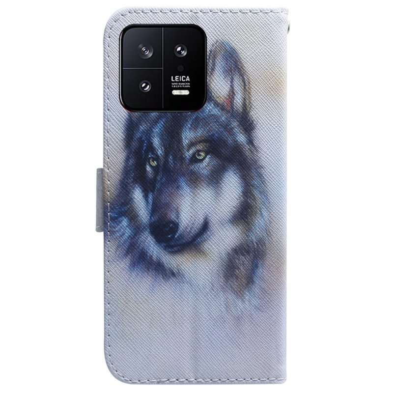 Folio Deksel Til Xiaomi 13 Med Kjede Strappy Watercolor Wolf