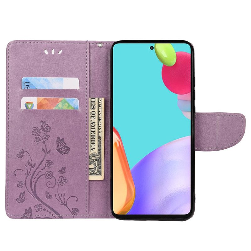 Folio Deksel Til Samsung Galaxy A23 5G Med Kjede Blomster Og Sommerfugler Med Stropp