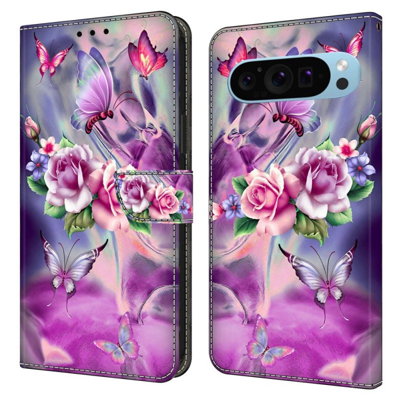 Folio Deksel Google Pixel 9 Pro Xl Lilla Sommerfugler Og Blomster