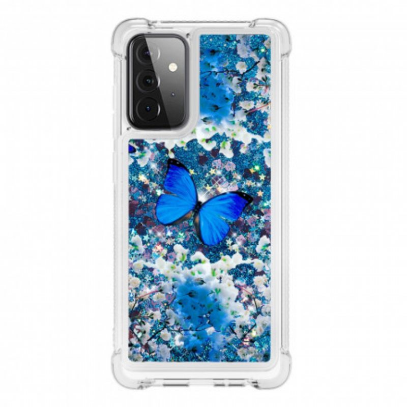 Deksel Til Samsung Galaxy A72 4G / A72 5G Glitter Blå Sommerfugler