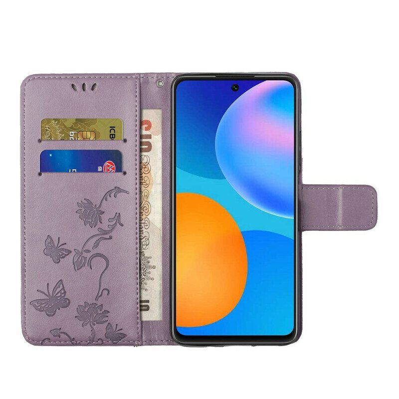 Folio Deksel Til Samsung Galaxy A72 4G / A72 5G Med Kjede Thong Sommerfugler Og Blomster