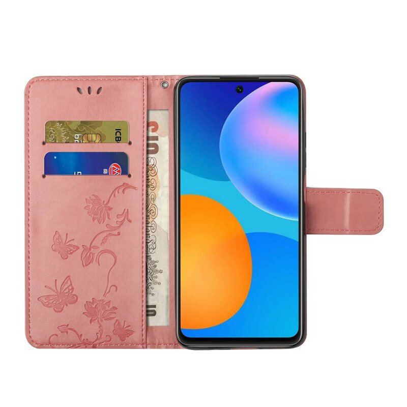 Folio Deksel Til Samsung Galaxy A72 4G / A72 5G Med Kjede Thong Sommerfugler Og Blomster