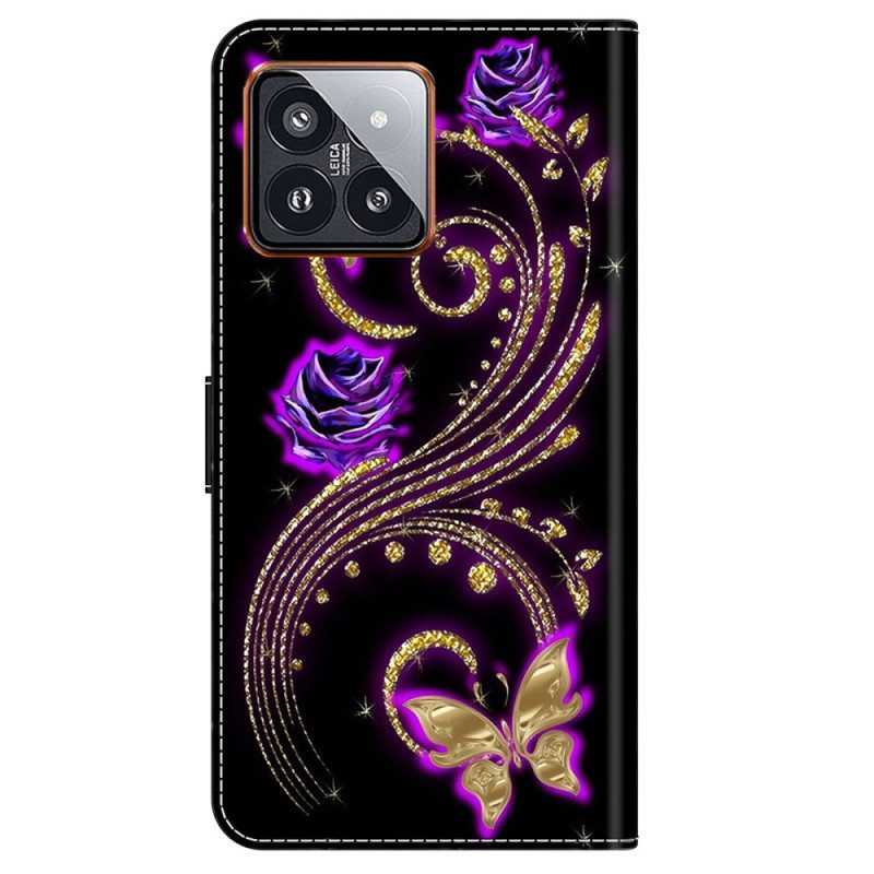 Folio Deksel Xiaomi 14 Pro Fiolette Blomster Og Sommerfugler