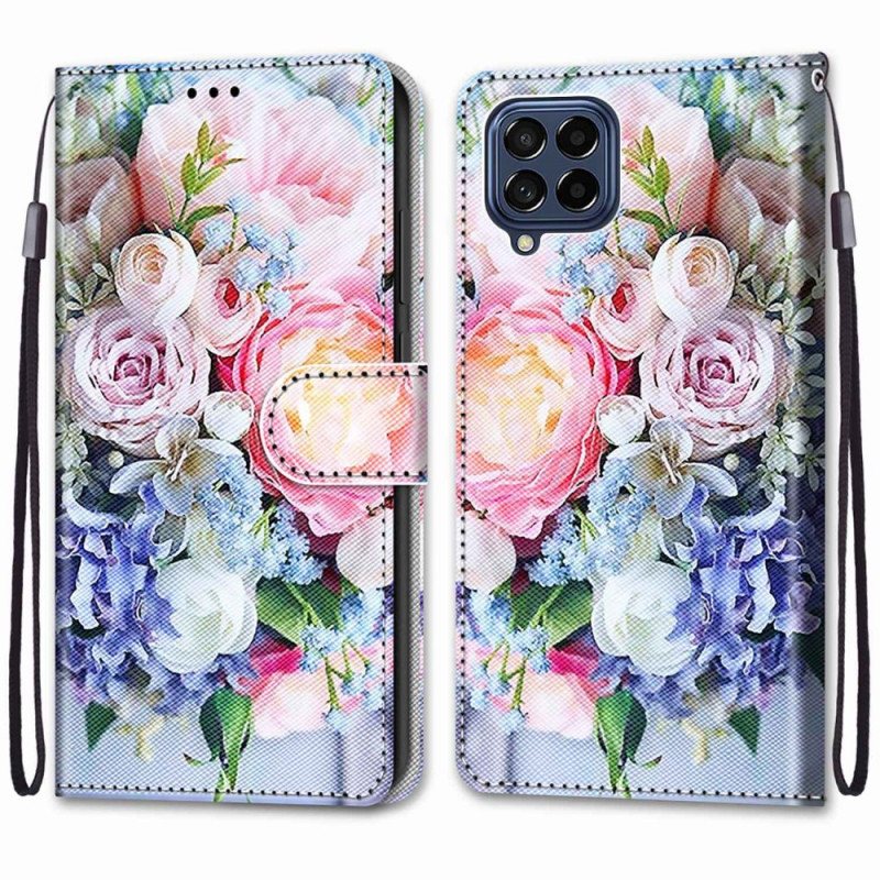 Folio Deksel Til Samsung Galaxy M53 5G Blomster Med Snor