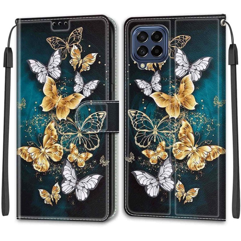 Lærdeksel Til Samsung Galaxy M53 5G Med Kjede Strap Butterflies Fan