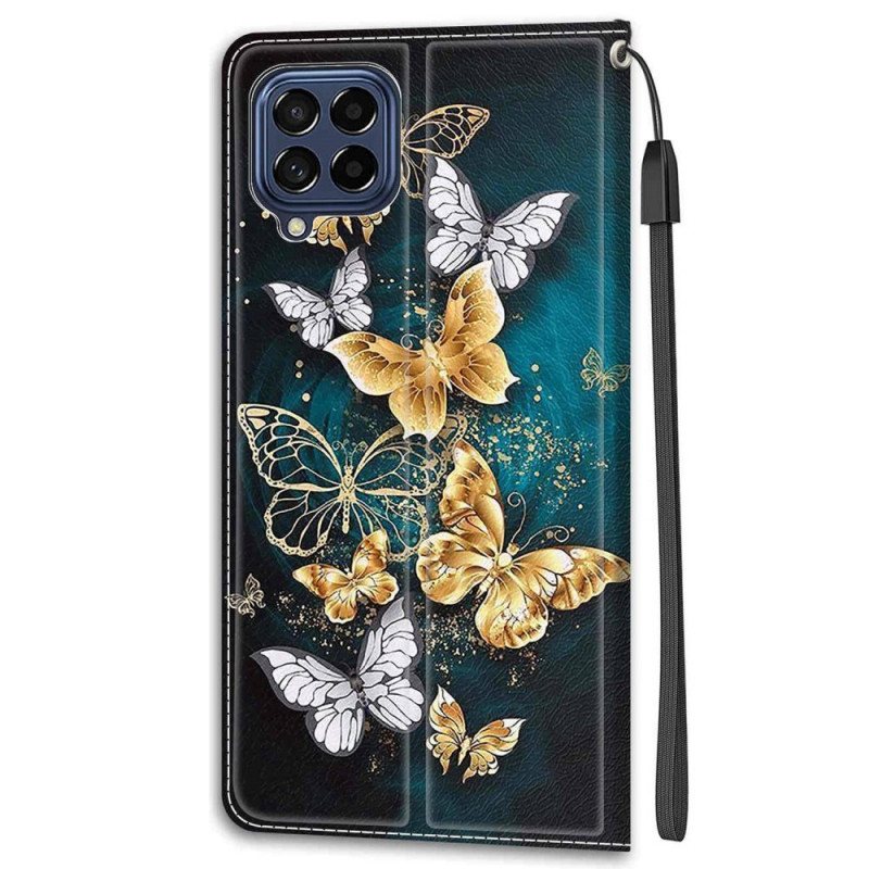 Lærdeksel Til Samsung Galaxy M53 5G Med Kjede Strap Butterflies Fan