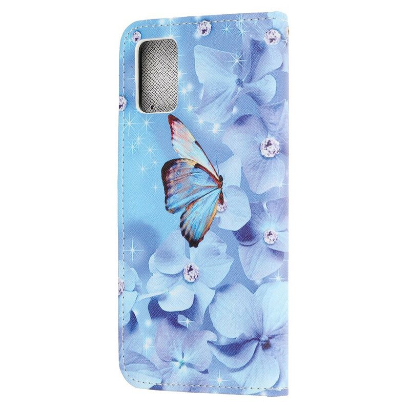 Folio Deksel Til Samsung Galaxy A41 Med Kjede Strappy Diamond Sommerfugler