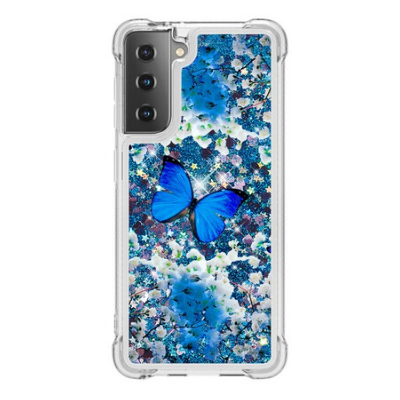 Deksel Til Samsung Galaxy S21 5G Glitter Blå Sommerfugler