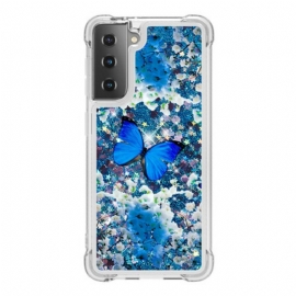 Deksel Til Samsung Galaxy S21 5G Glitter Blå Sommerfugler