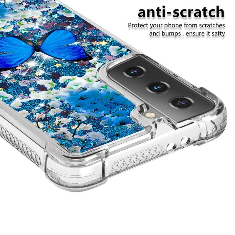 Deksel Til Samsung Galaxy S21 5G Glitter Blå Sommerfugler