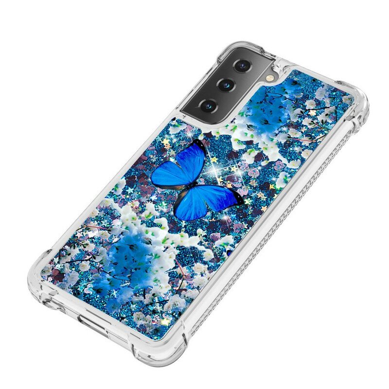 Deksel Til Samsung Galaxy S21 5G Glitter Blå Sommerfugler