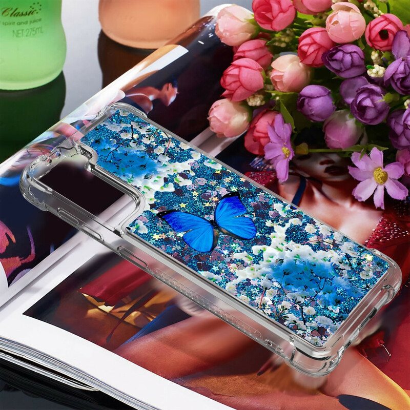 Deksel Til Samsung Galaxy S21 5G Glitter Blå Sommerfugler