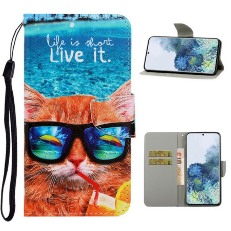 Folio Deksel Til Samsung Galaxy S21 5G Med Kjede Cat Live It Strappy