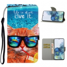 Folio Deksel Til Samsung Galaxy S21 5G Med Kjede Cat Live It Strappy