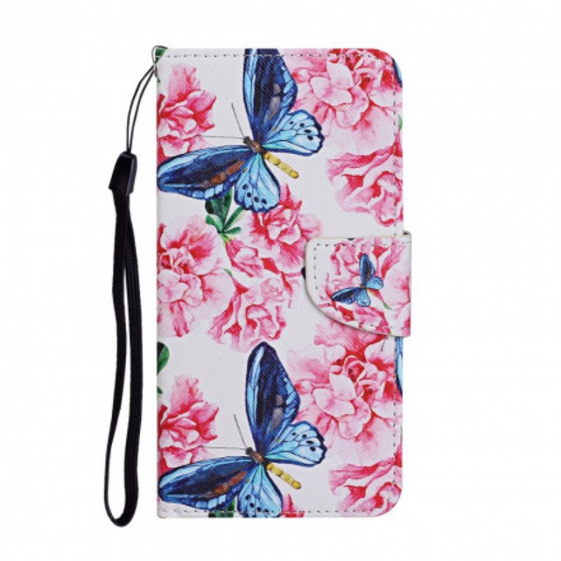 Folio Deksel Til Samsung Galaxy A52 4G / A52 5G / A52s 5G Butterflies Floral Lanyard