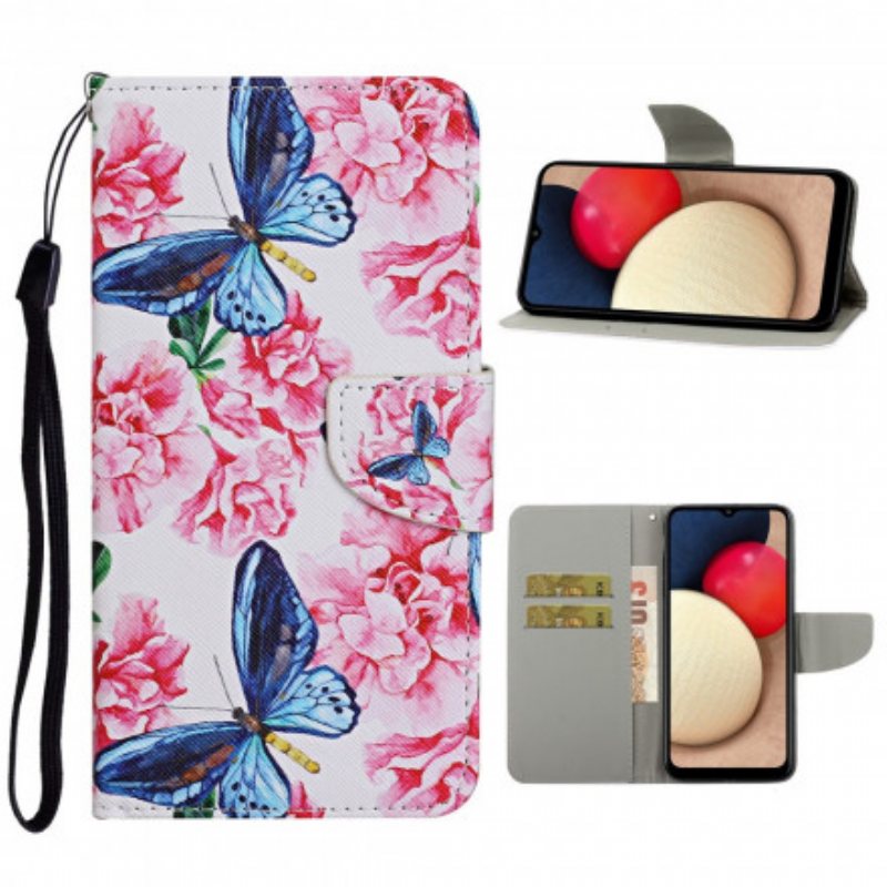 Folio Deksel Til Samsung Galaxy A52 4G / A52 5G / A52s 5G Butterflies Floral Lanyard