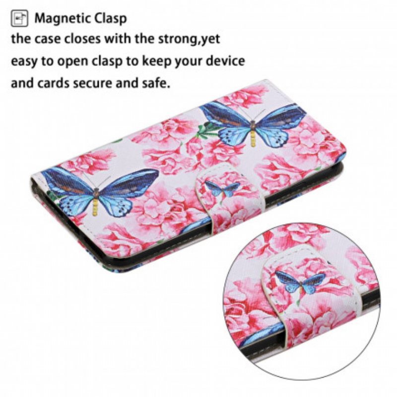 Folio Deksel Til Samsung Galaxy A52 4G / A52 5G / A52s 5G Butterflies Floral Lanyard