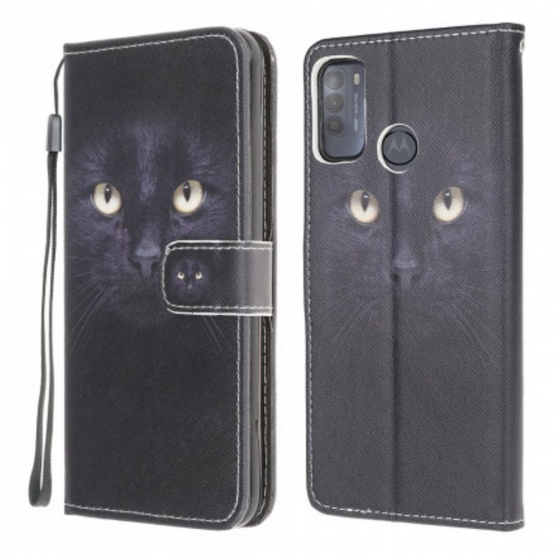 Folio Deksel Til Moto G50 Med Kjede Strappy Black Cat Eyes