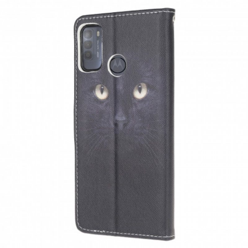 Folio Deksel Til Moto G50 Med Kjede Strappy Black Cat Eyes