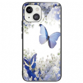 Mobildeksel Til iPhone 14 Blå Sommerfugler Herdet Glass
