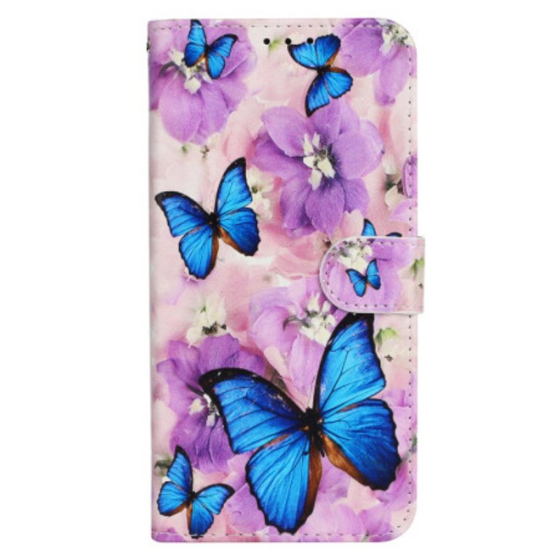 Folio Deksel iPhone 16 Pro Max Sommerfugler Og Lilla Blomster Med Stropp