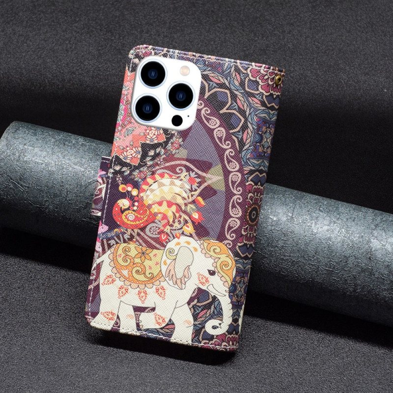 Folio Deksel iPhone 16 Pro Max Tribal Elephant Lommebok Med Stropp Beskyttelse Deksel