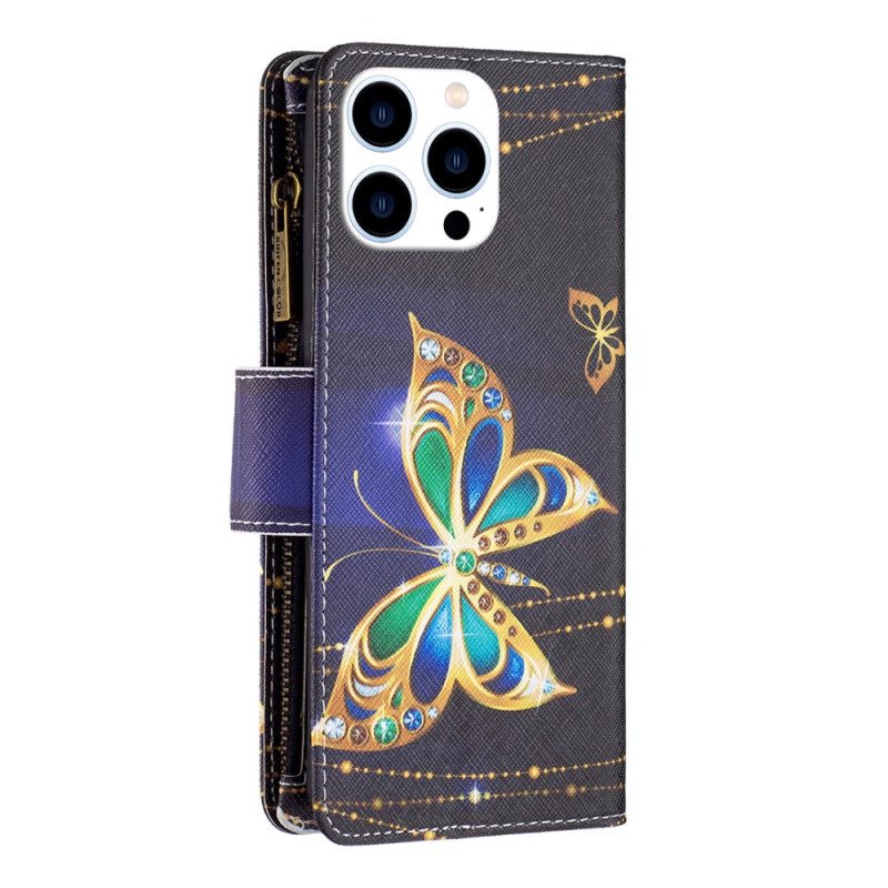 Lærdeksel Folio Deksel iPhone 16 Pro Max Mobildeksel Rhinestone Butterflies Wallet