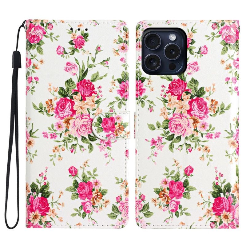 Lærdeksel Folio Deksel iPhone 16 Pro Max Røde Blomster Med Stropp