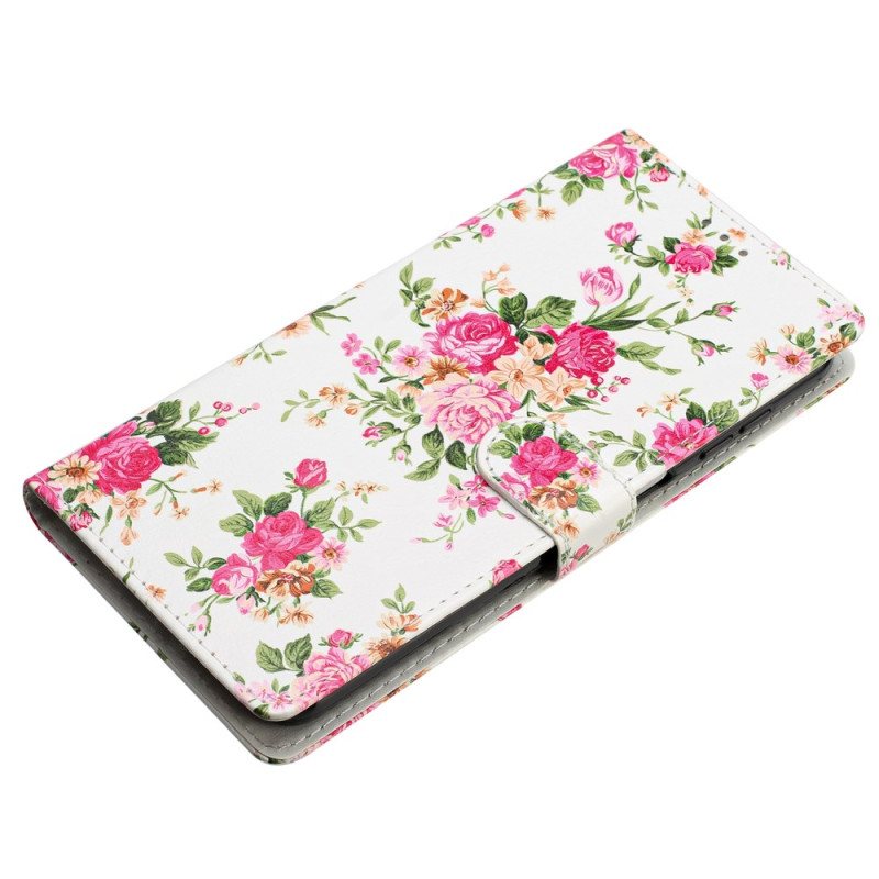 Lærdeksel Folio Deksel iPhone 16 Pro Max Røde Blomster Med Stropp